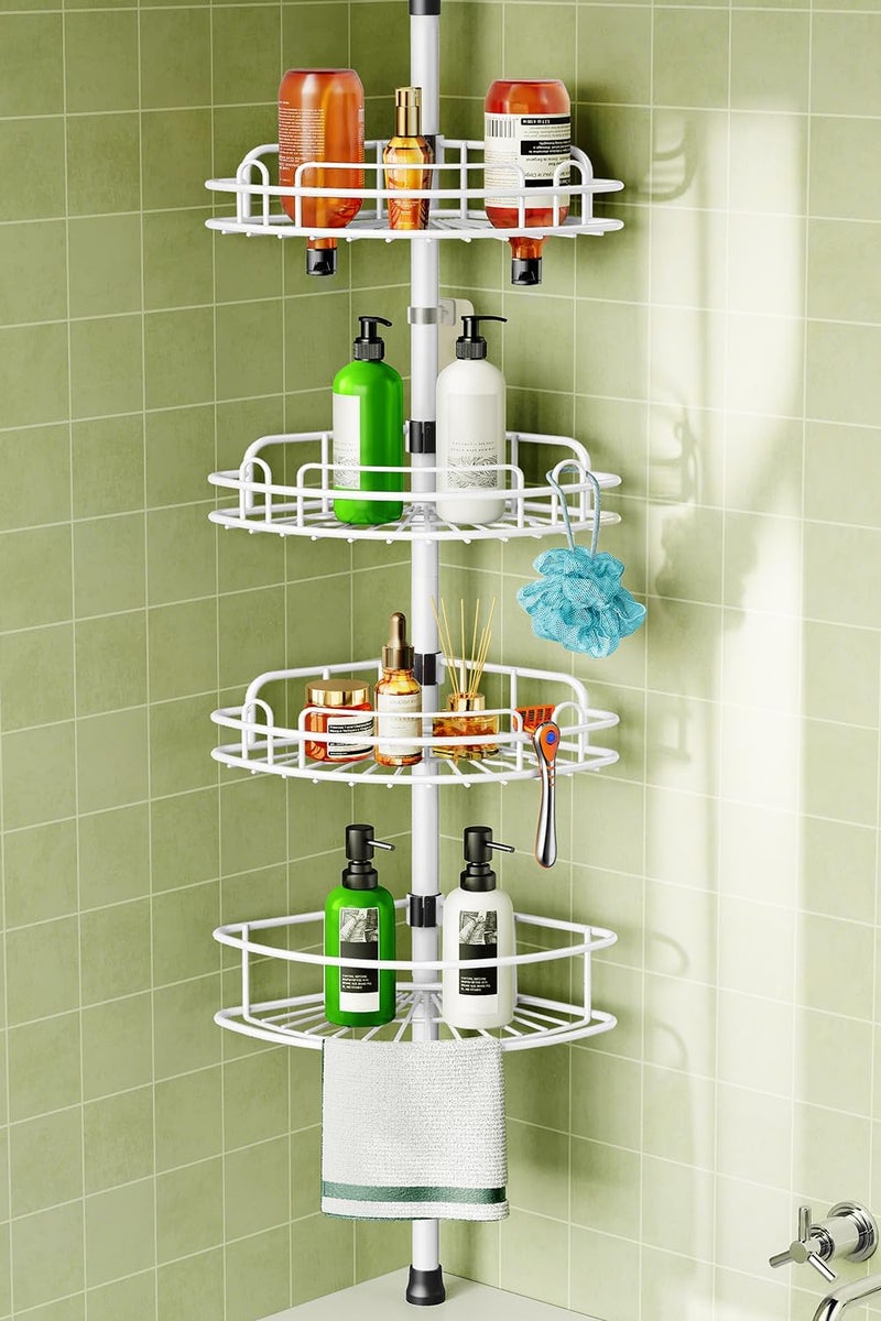 HAMITOR Corner Shower Caddy Tension Pole: Rustproof Bathroom Organizer Shelves for Bathtub Shampoo Accessories Storage Holder - 47-121 Inch Adjust - White - Image 1